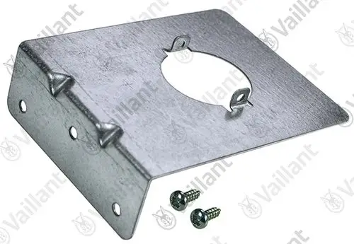Vaillant Halter aus Metall mit Aussparung in der Mitte, zwei seitlichen Löchern zur Befestigung und zwei dazugehörigen Schrauben im Bildhintergrund.